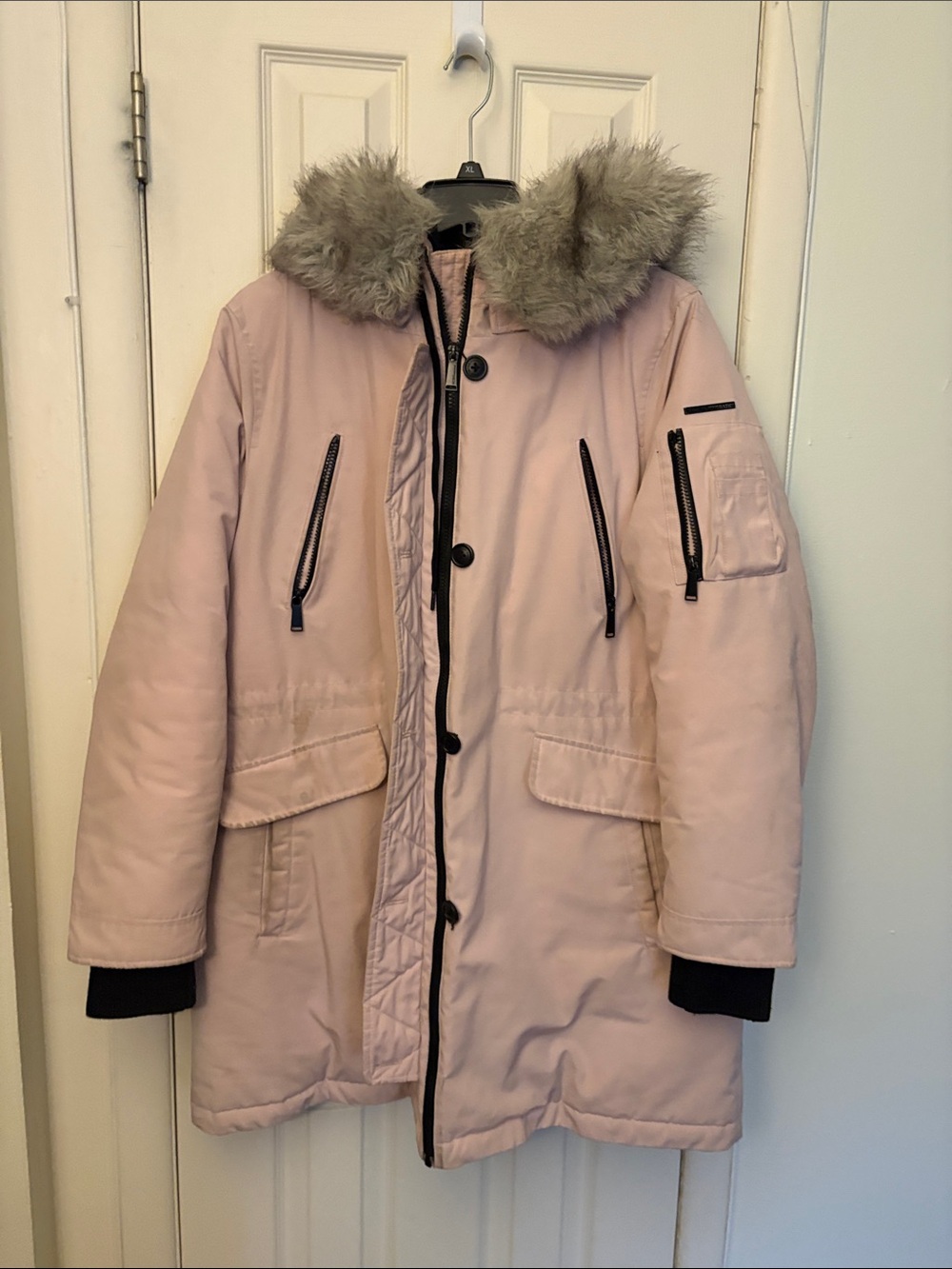 BCBGeneration Light Pink Puffer Parka with Faux Fur Hood